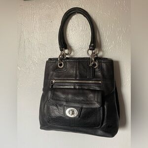 Coach Black Pebbled Leather Satchel Turnlock Pocket Shoulder Bag